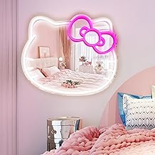 MCJSGSP Anime Hello Kit Mirror with Light Neon Signs for Wall Decor, Teen Girl Gift，Makeup Mirror ne